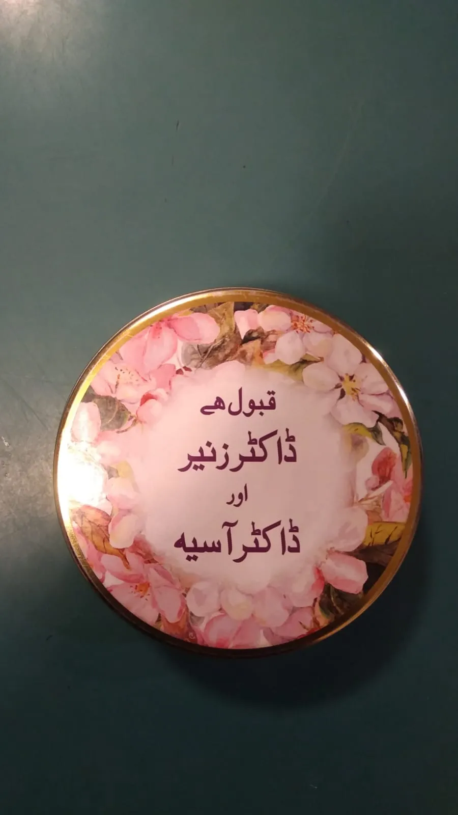 Customized round tin boxes - big bidh boxes with floral printing and name
